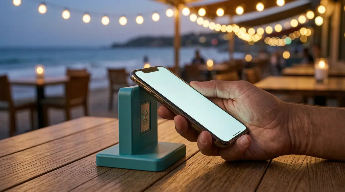 Hand holding a phone tapped against an NFC stand on a restaurant table