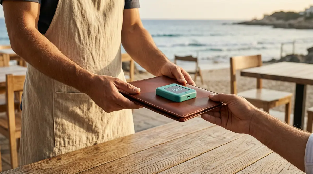 Waiter handing a leather bill presenter with a tap stand mounted on it